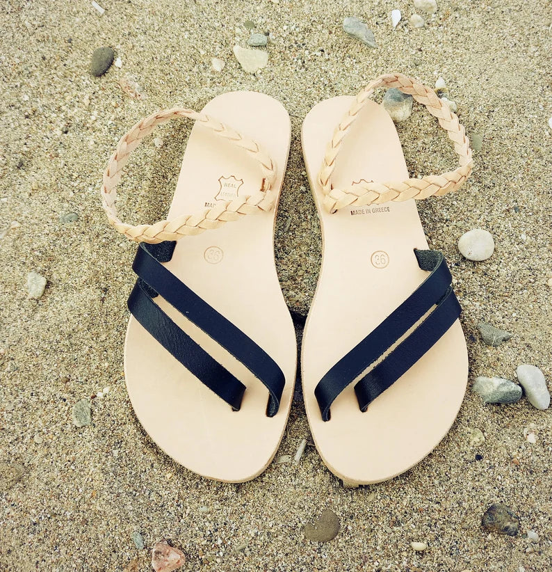 Black Leather sandals with tan braid