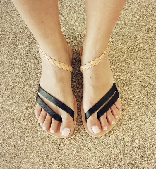 Black Leather sandals with tan braid