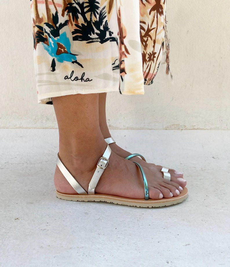 Aura Metallic Blue Leather Barefoot Sandals