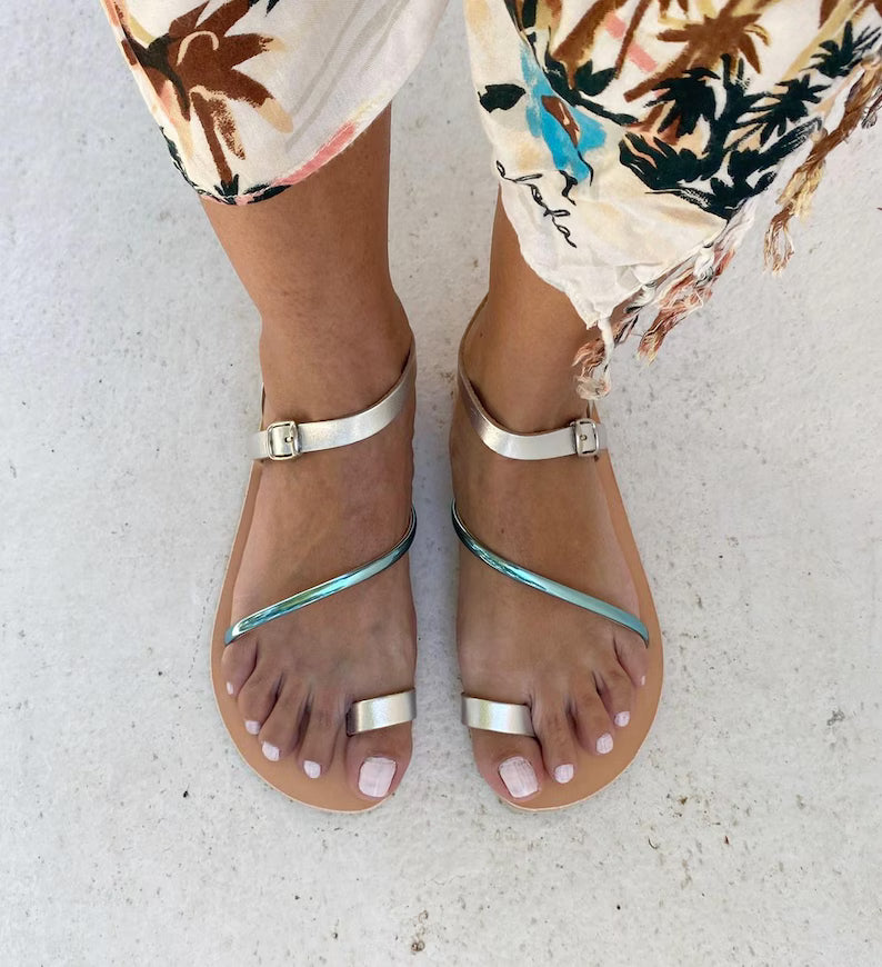 Aura Metallic Blue Leather Barefoot Sandals